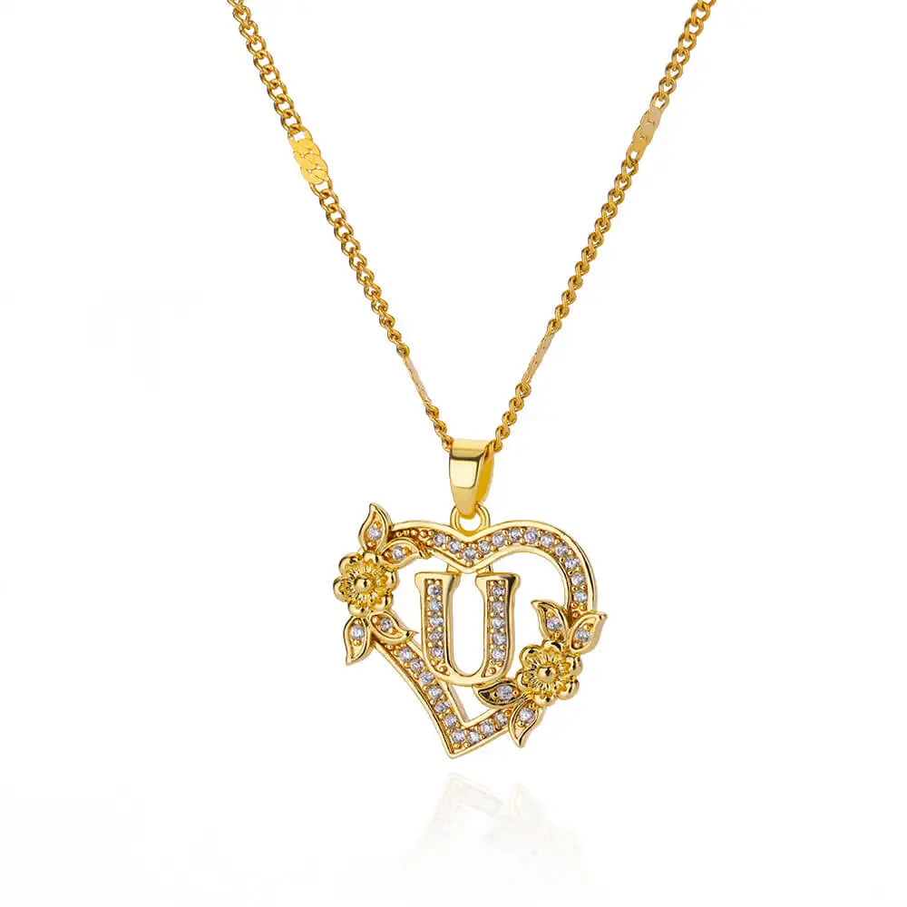 Flower Heart Initials Necklaces