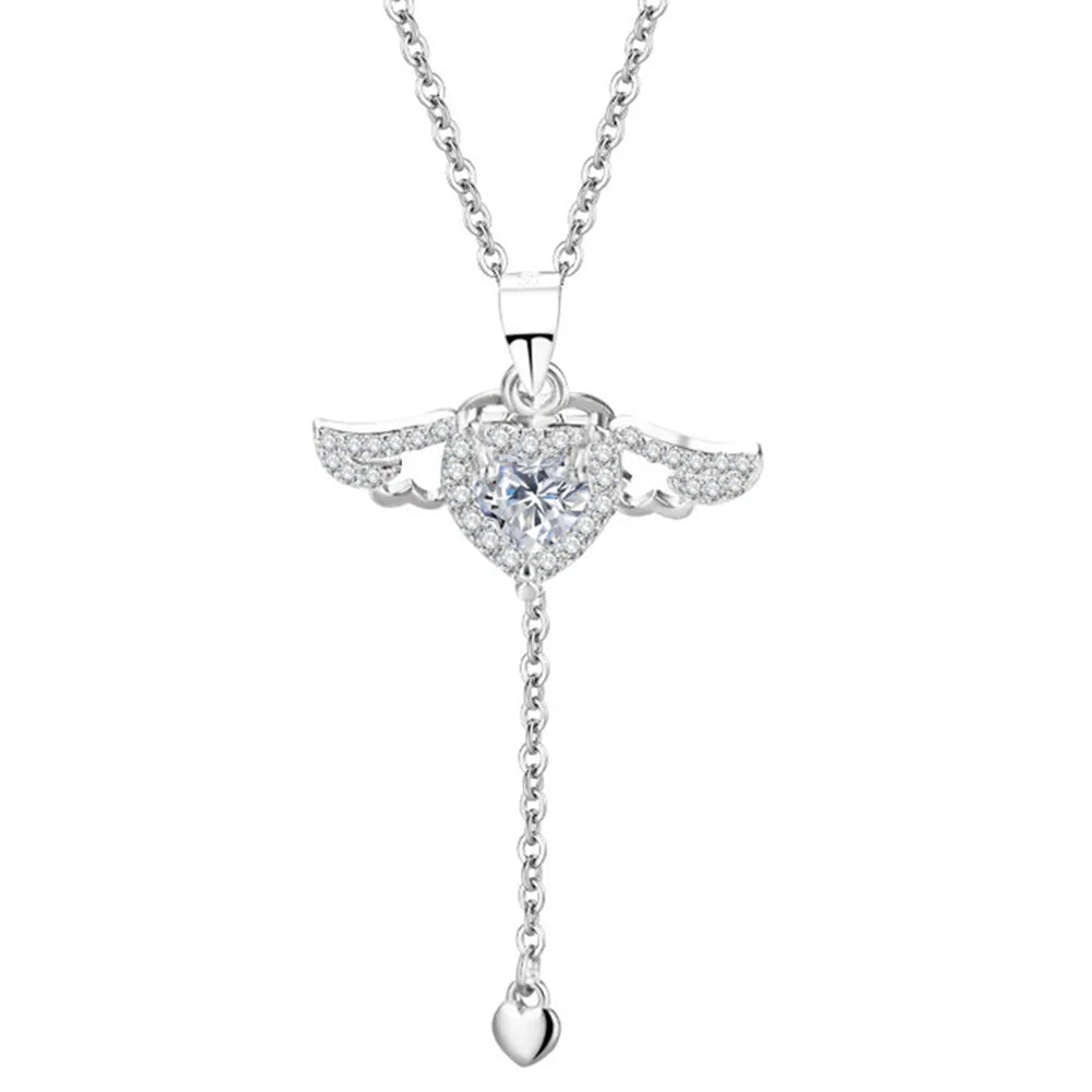 Silver Heart Angel Wings Pendant Necklace