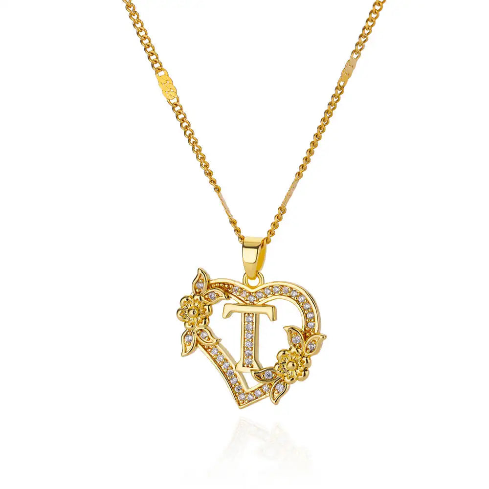 Flower Heart Initials Necklaces