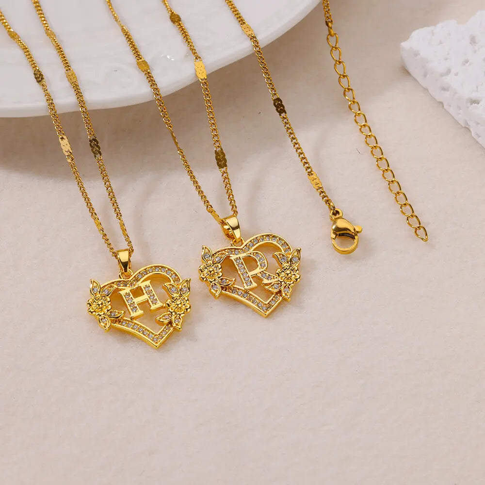 Flower Heart Initials Necklaces