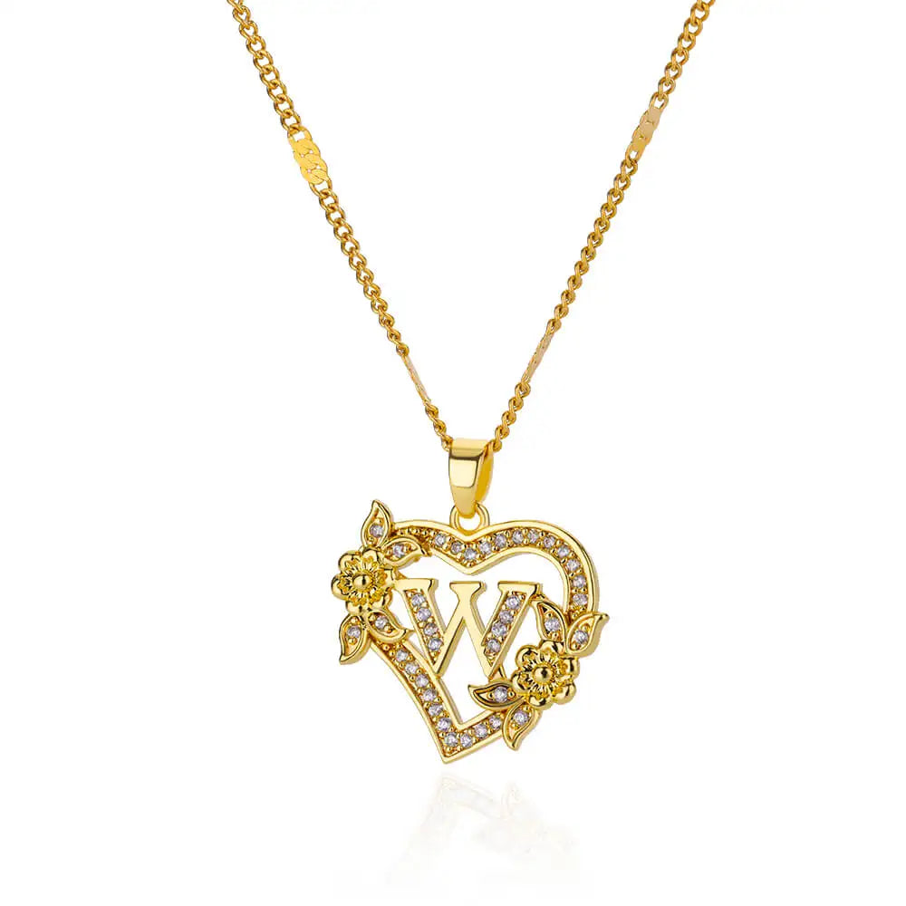 Flower Heart Initials Necklaces