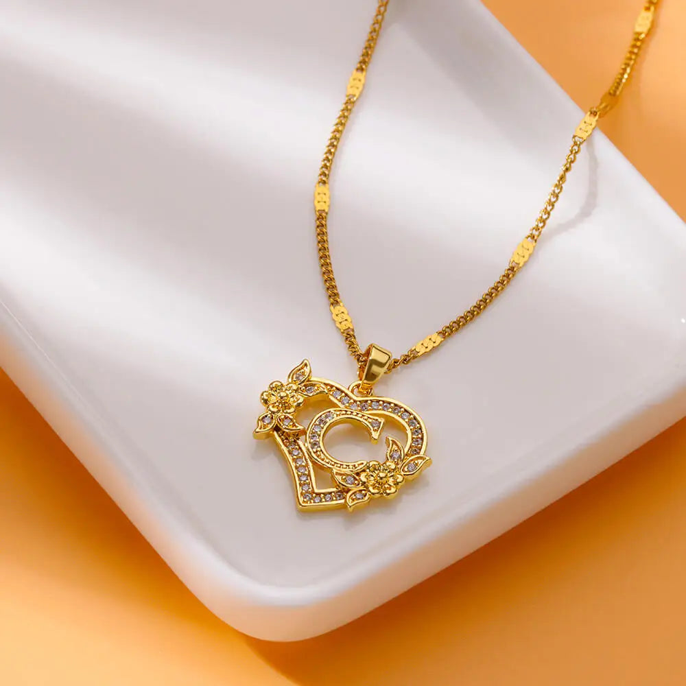 Flower Heart Initials Necklaces