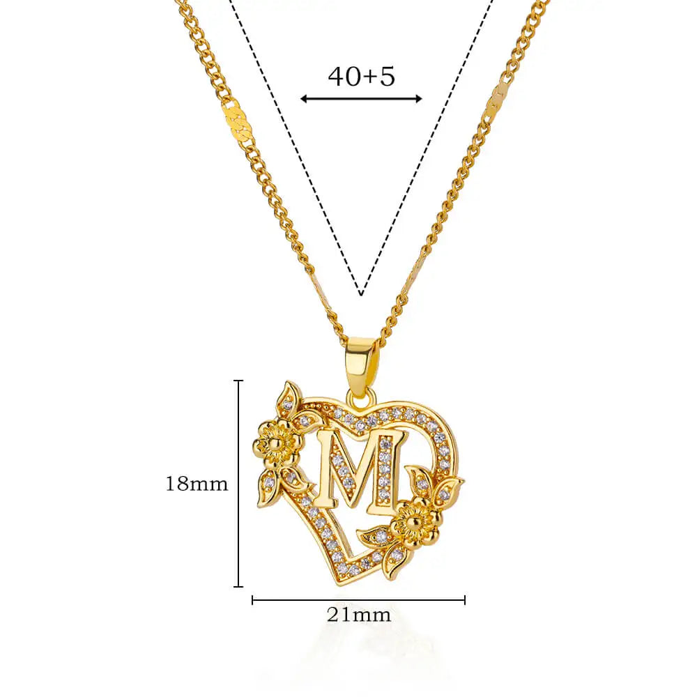 Flower Heart Initials Necklaces