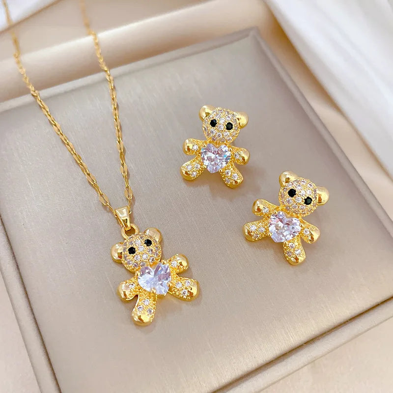 Love Heart Bear Necklace And  Earrings Set