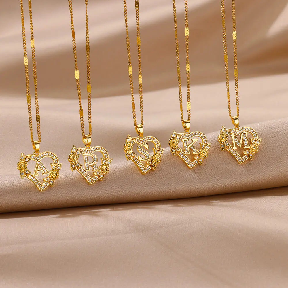 Flower Heart Initials Necklaces