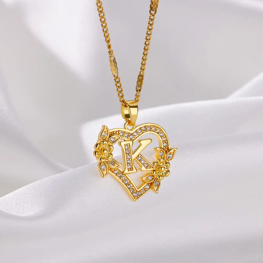 Flower Heart Initials Necklaces