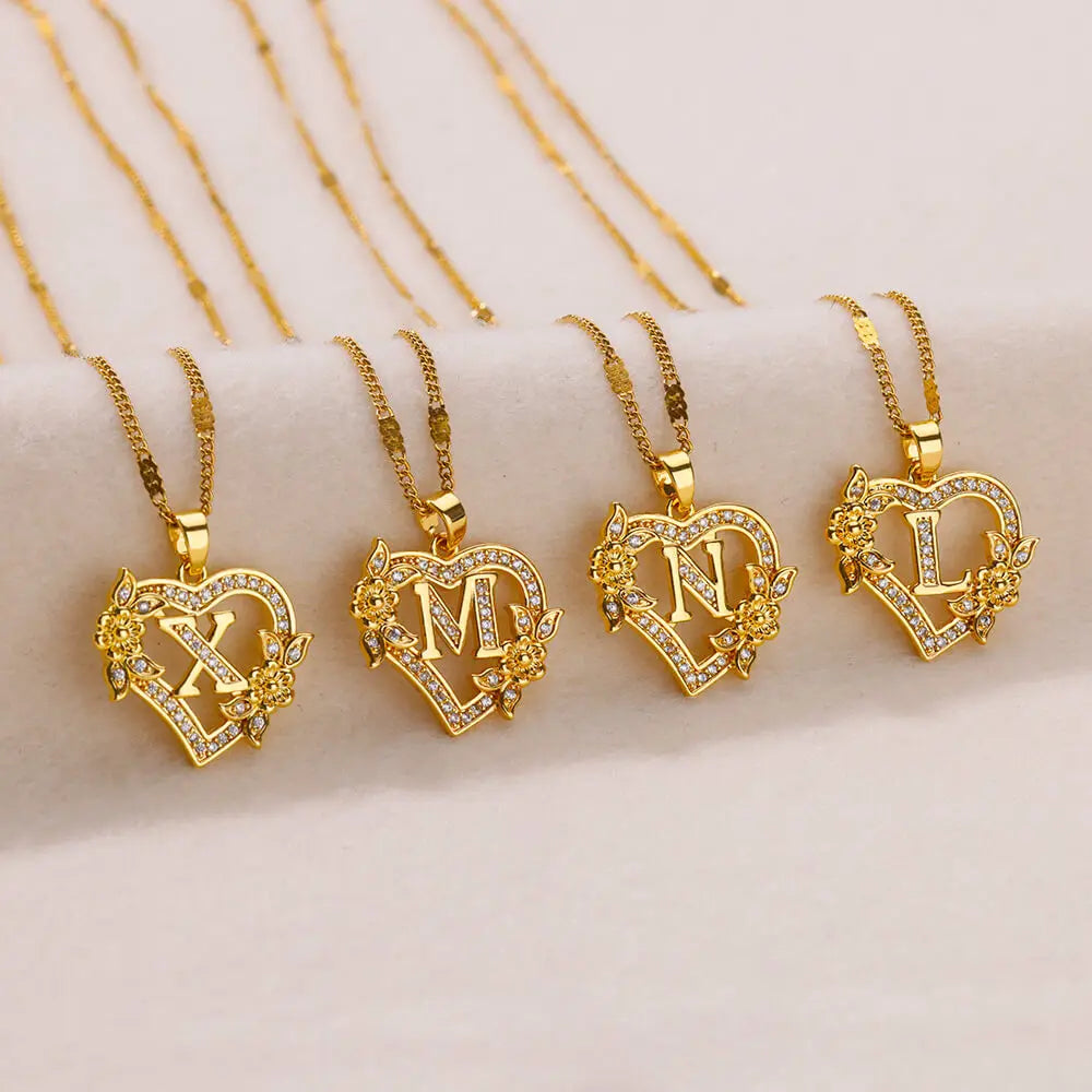 Flower Heart Initials Necklaces