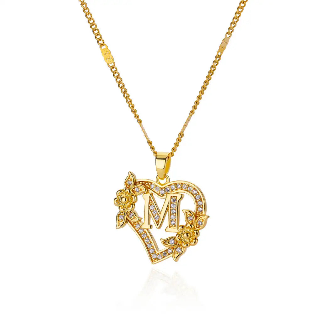 Flower Heart Initials Necklaces