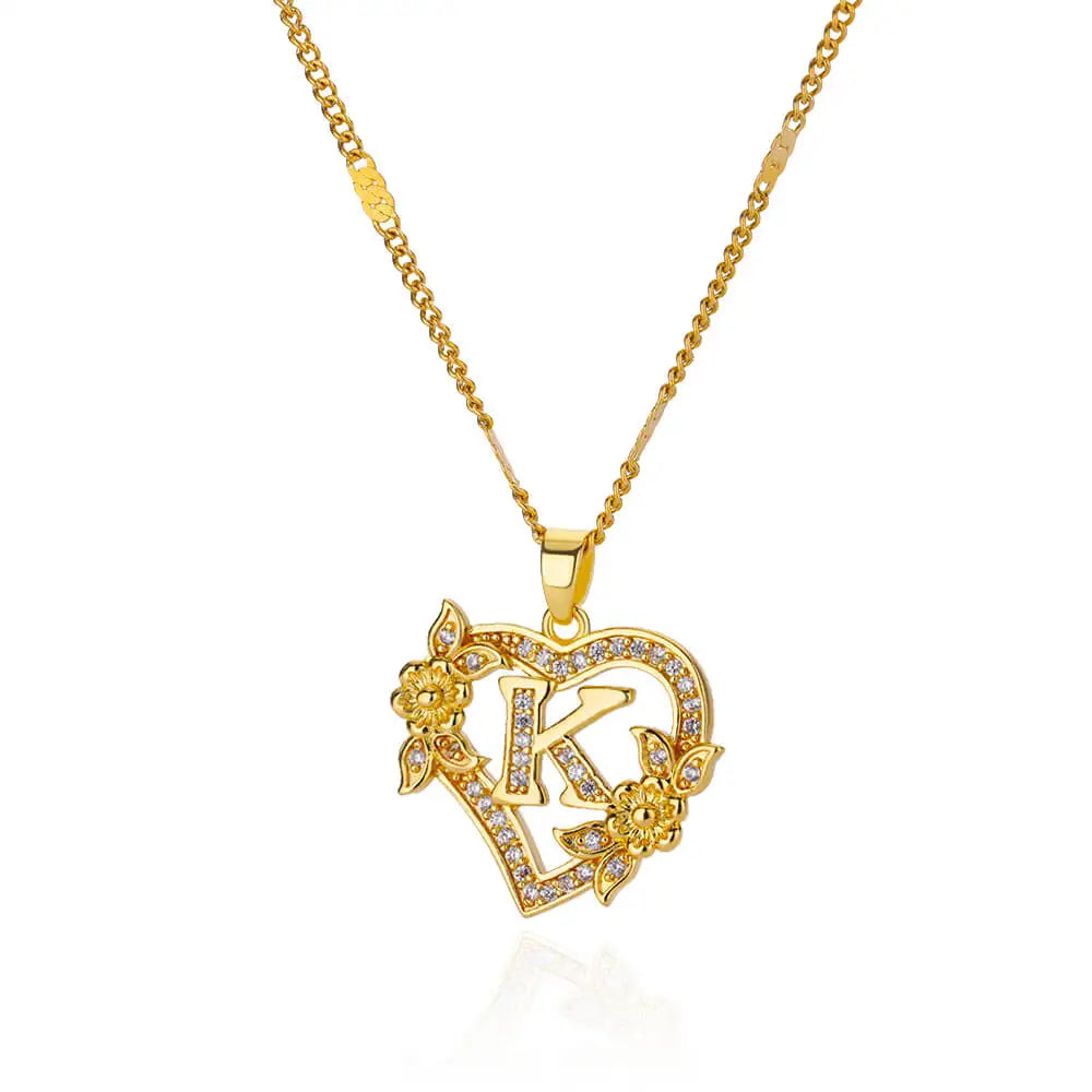 Flower Heart Initials Necklaces
